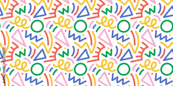 Fototapeta Fun colorful line doodle seamless pattern. Creative minimalist style art background for children or trendy design with basic shapes. Simple childish scribble backdrop.