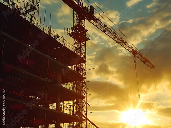 Fototapeta Construction site with a tower crane at sunset. Construction of residential buildings against the city skyline, blending industry and architecture in a captivating urban development scene