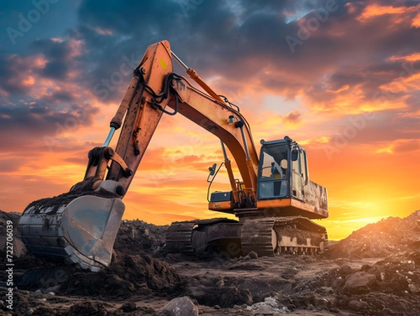 Fototapeta Yellow excavator diligently working at a construction site as the sun sets, showcasing heavy machinery in action, digging and moving earth with its shovel and bucket under the vast sky