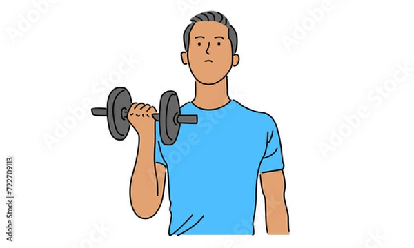 Fototapeta line art color of man holding dumbbell vector illustration