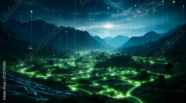 Fototapeta Geothermal power plant in mountain. Clean green renewable energy. Sustainable development goals. SDGs. Environmental technology Concept. Generative Ai.