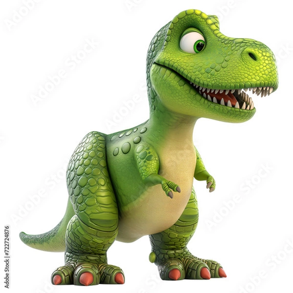 Fototapeta Izolowany kreskówek 3D Funny dinozaur T-Rex białe tło. Słodki, słodki dinozaur. Parodia, karykatura. Izolowane na białym tle jako przezroczysty PNG