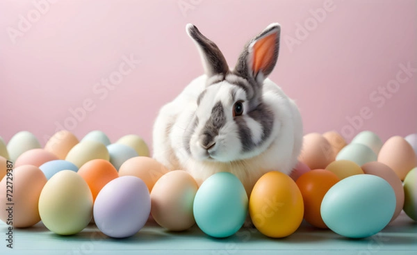 Obraz Easter a bunny and eggs on indoor. copy space. template. Generative AI