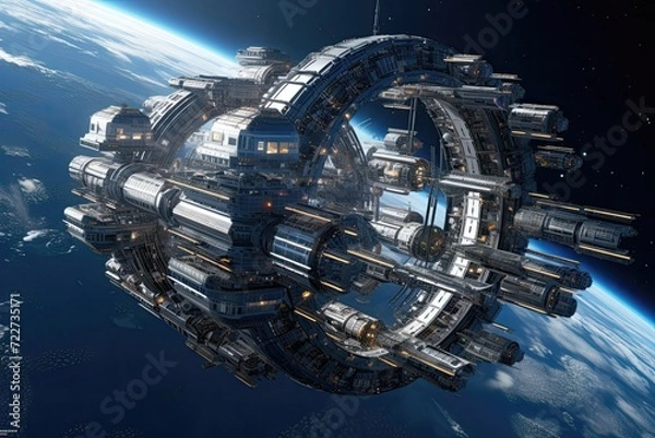 Obraz A massive space station orbiting a distant planet generative ai