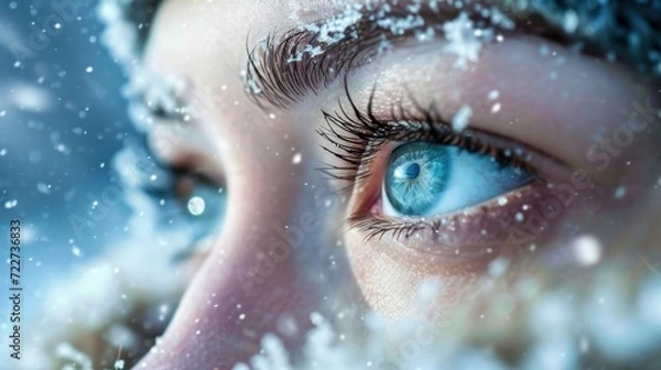 Obraz  a close up of a woman's blue eyes with snow falling all over her and snow flakes all around her.