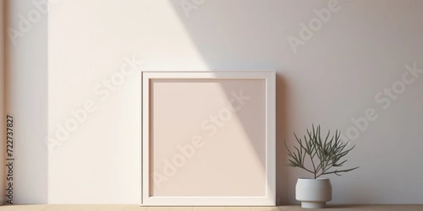 Fototapeta A blank mockup square frame rests on the floor against an off-white wall, with sunlight streaming in, offering a simple yet stylish setting for customization.