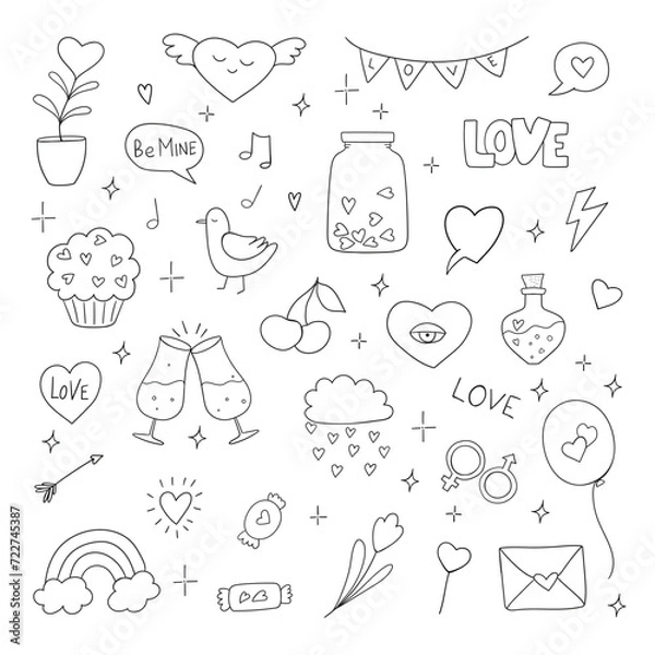Fototapeta Set of romantic vector icon in doodle design.