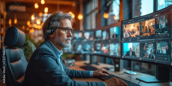 Fototapeta Mature Businessman wearing glasses communicates on video conference call meeting with business partners on blurred monitor