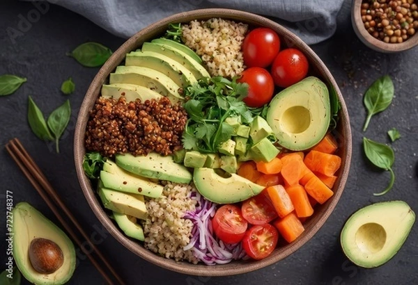 Obraz Healthy salad bowl with quinoa, tomatoes, chicken, avocado, lime and mixed greens, lettuce, parsley on wooden background top view. Food and health.
