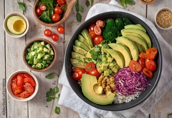 Obraz Healthy salad bowl with quinoa, tomatoes, chicken, avocado, lime and mixed greens, lettuce, parsley on wooden background top view. Food and health.