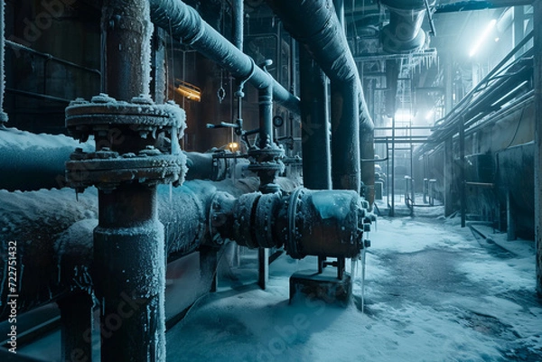 Fototapeta An industrial boiler room covered in snow and complex piping emitting steam, conveying a feeling of cold yet functional warmth.
