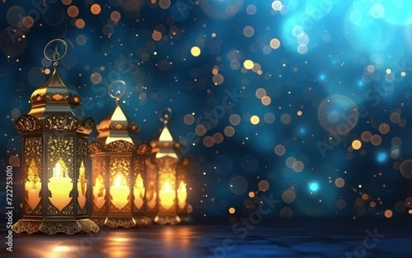 Fototapeta ramadan mubarak banner background- arabic lantern with light burning candle bokeh background, eid mubarka lantern 
