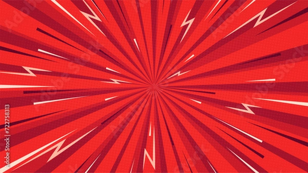 Fototapeta Red pop art retro background with rays, halftone and motion trails. Vintage red comic style wallpaper. Sunburst background.
