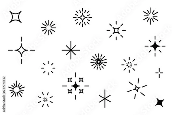 Fototapeta Stars Sparkles sign symbol icon set. Decoration twinkle element. Cute shape collection. Black star twinkling shining effect. Line contour doodle. Flat design. White background. Isolated.