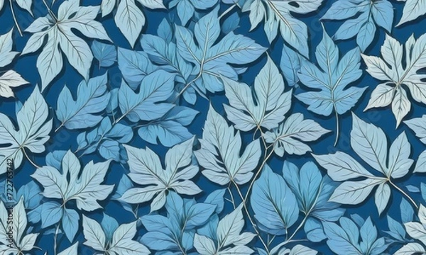 Fototapeta Artistic blue background with delicate skeletal leaves adorned with pale blue