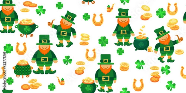 Fototapeta Saint Patricks Day seamless pattern. Cute Leprechaun, pot, coins, clover shamrock, pipe, horseshoe. Spring holiday March 17 St Patrick. Green Vector background for fabric, textiles, wrapping paper.