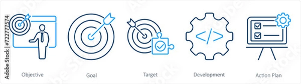 Fototapeta A set of 5 Action plan icons as objective, goal, target