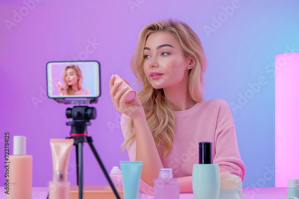 Obraz Beauty blogger with cosmetics recording video live online streaming for social media, Beautiful young woman with cosmetics products, Content creator, Streamer, Vlogger
