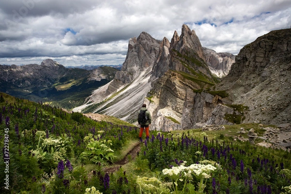 Obraz Mountain view with climber, Seceda mountain, Dolomites, Italy.