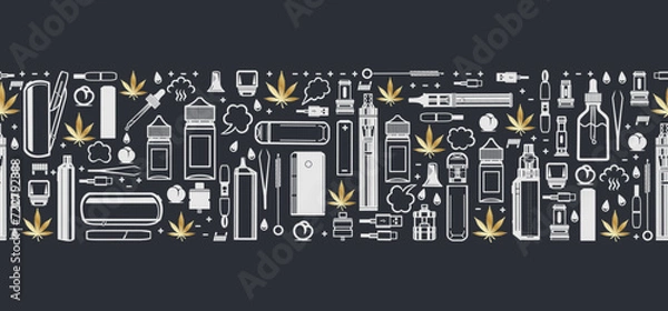 Fototapeta  Vape shop Horizontal seamless pattern.. Cigarettes, liquid vaporizers, marijuana leaf. Vector isolated on dark background.