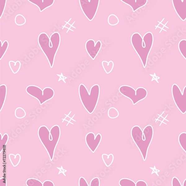 Fototapeta Seamless pink abstract pattern of different outline hearts and doodles. Freehand scribble background, texture for textile, wrapping paper, Valentines day, romantic design
