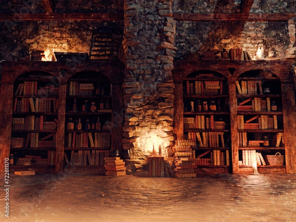 Fototapeta Fantasy scene with a dark library in a medieval castle with lots of old books. Made from 3d elements and painted parts. No AI used.  The image is not a real place  - it's a set of 3d objects.