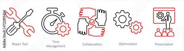 Fototapeta A set of 5 Mix icons as repair tool, time management, hand tool 