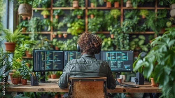 Fototapeta Innovative Developer Engages with Modern Technology in Green Office.