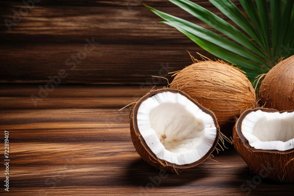 Fototapeta Coconuts with palm leaves on wooden background flat lay
