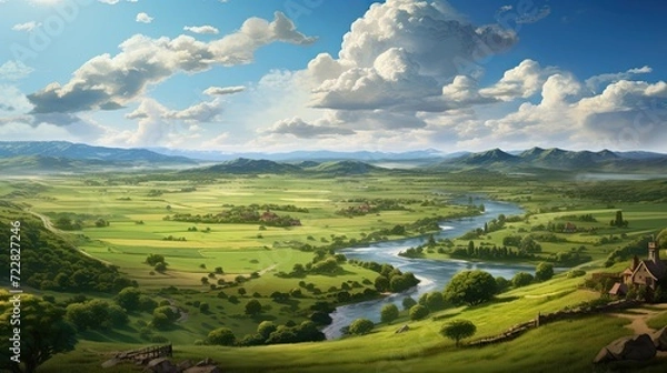 Fototapeta River, a pastoral retreat resonating with rustic charm and the peaceful tranquility of rural seclusion. Serene retreat, rolling fields, winding river, rustic charm, rural seclusion. Generated by AI.