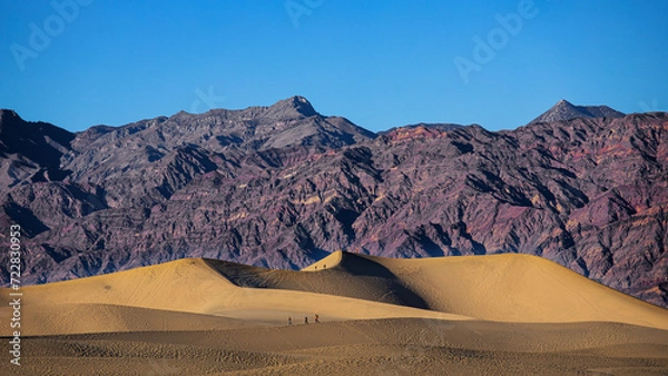 Fototapeta Désert du Mojave à Death Valley, Californie, USA. Dunes de sables de Mesquite Flat Sand Dunes bordée de montagnes sous un ciel bleu.