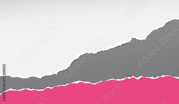 Fototapeta Torn, ripped white and red paper strips with soft shadow are on dark grey background for text.