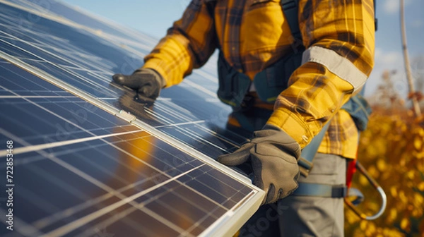 Fototapeta A man wearing a yellow jacket is actively working on installing a solar panel