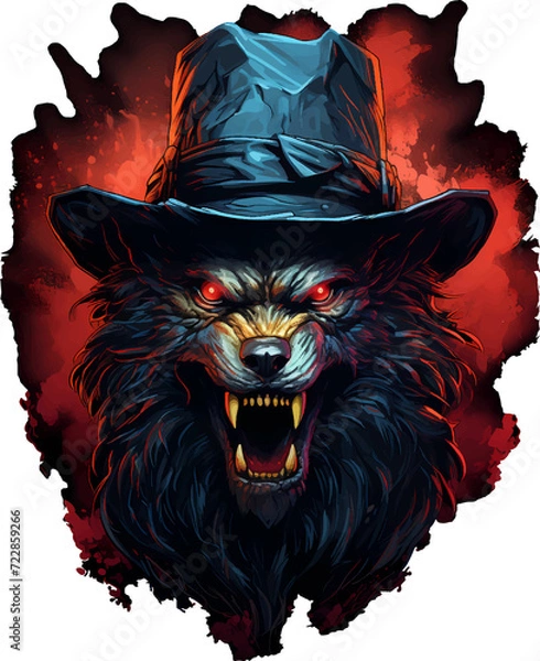 Fototapeta Ferocious wolves wear hats and have burning eyes, transparent backgrounds, for t-shirt designs and so on