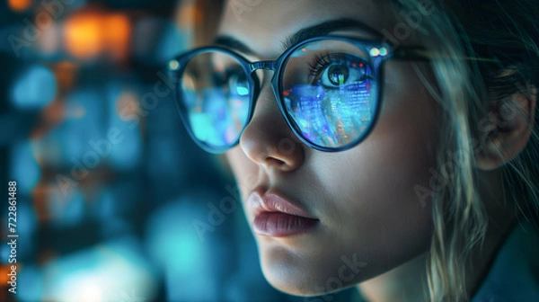 Fototapeta Female engineer designs AI technology with reflection on eyeglass lenses