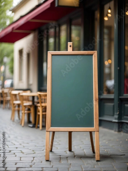 Fototapeta blank restaurant menu board in front of a cafe, standing green chalkboard for menu, mock up