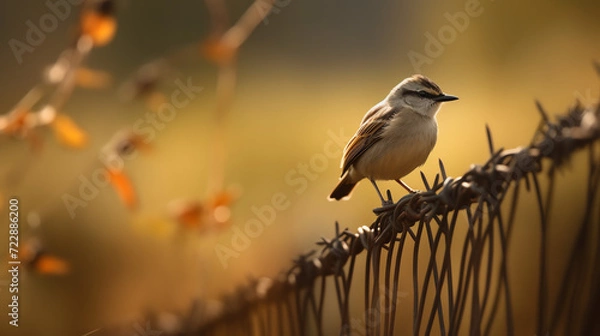 Fototapeta a small bird perched on top of a barbed wire fence