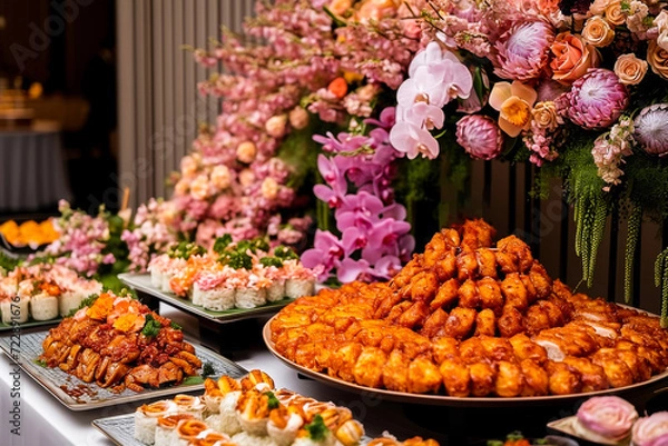 Fototapeta Elegant buffet table at a banquet with variety of gourmet food, floral decorations, and luxury appetizers.