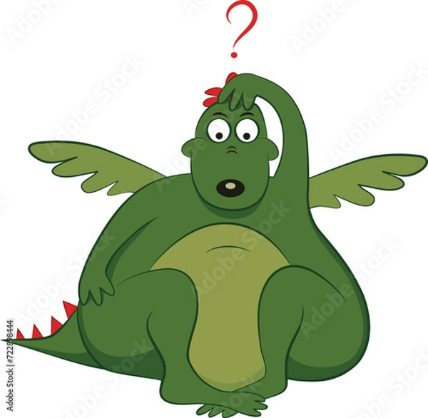 Fototapeta Thinking green dragon with question mark