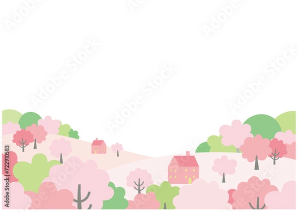 Fototapeta 桜のある春の街並み風景イラスト