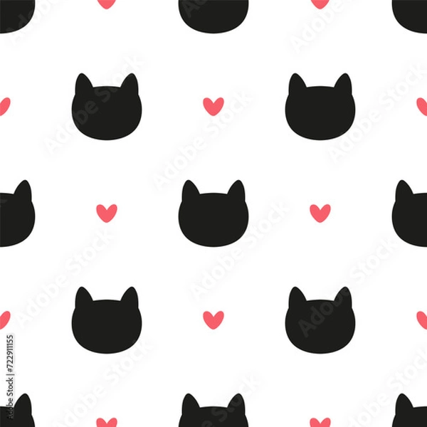 Fototapeta Seamless pattern with black cat heads and red hearts