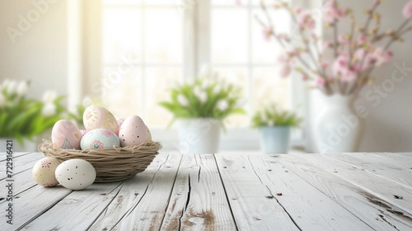 Fototapeta easter still life with easter eggs on the white table