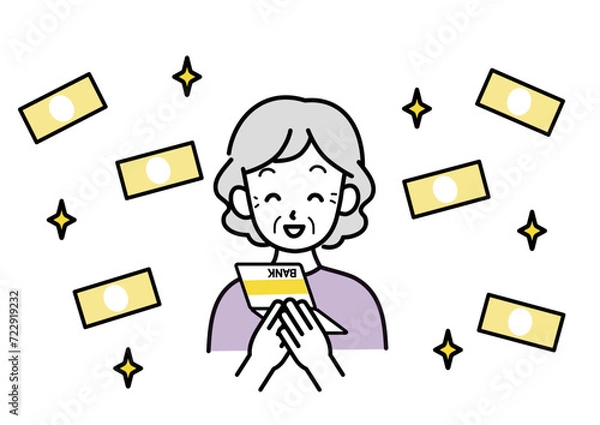 Obraz 通帳を見て喜ぶシニア女性