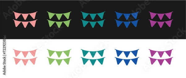 Fototapeta Set Carnival garland with flags icon isolated on black and white background. Party pennants for birthday celebration, festival decoration. Vector