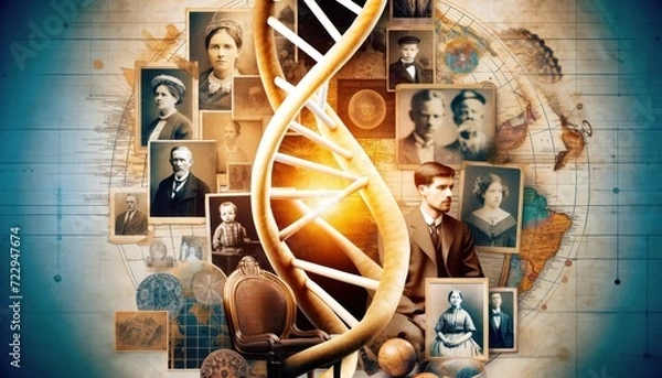 Fototapeta A collage representing the exploration of a family tree with old photographs, DNA strands, and vintage maps, symbolizing the connection between genetics and history.