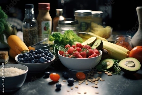 Fototapeta A table displaying a variety of fresh fruits and vegetables. Perfect for healthy eating or cooking concepts