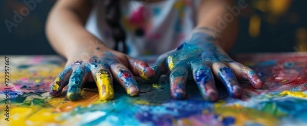 Obraz Unleashing Creativity: A Vivid Display of Colorful Paint Covered Hands Engaged in the Joyful Process of Artistic Expression on Canvas
