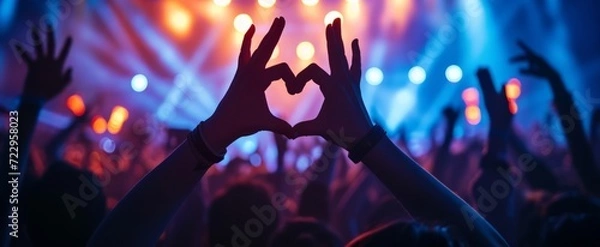 Fototapeta Captivating Scene of Love and Unity with Heart-Shaped Hands at a Vibrant Music Concert Celebration with Gleaming Stage Lights