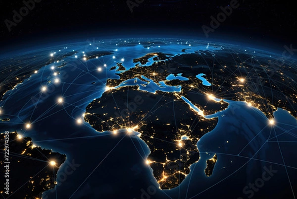 Fototapeta Global network communication connections above the World viewed from space.