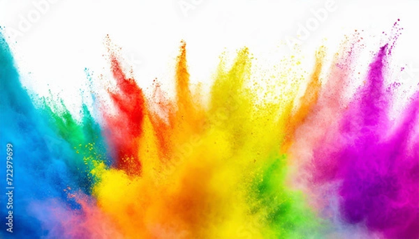 Fototapeta Multicolor powder explosion on White background. Colored cloud. Colorful dust explode. Paint Holi, colorful rainbow holi paint color powder explosion isolated white background